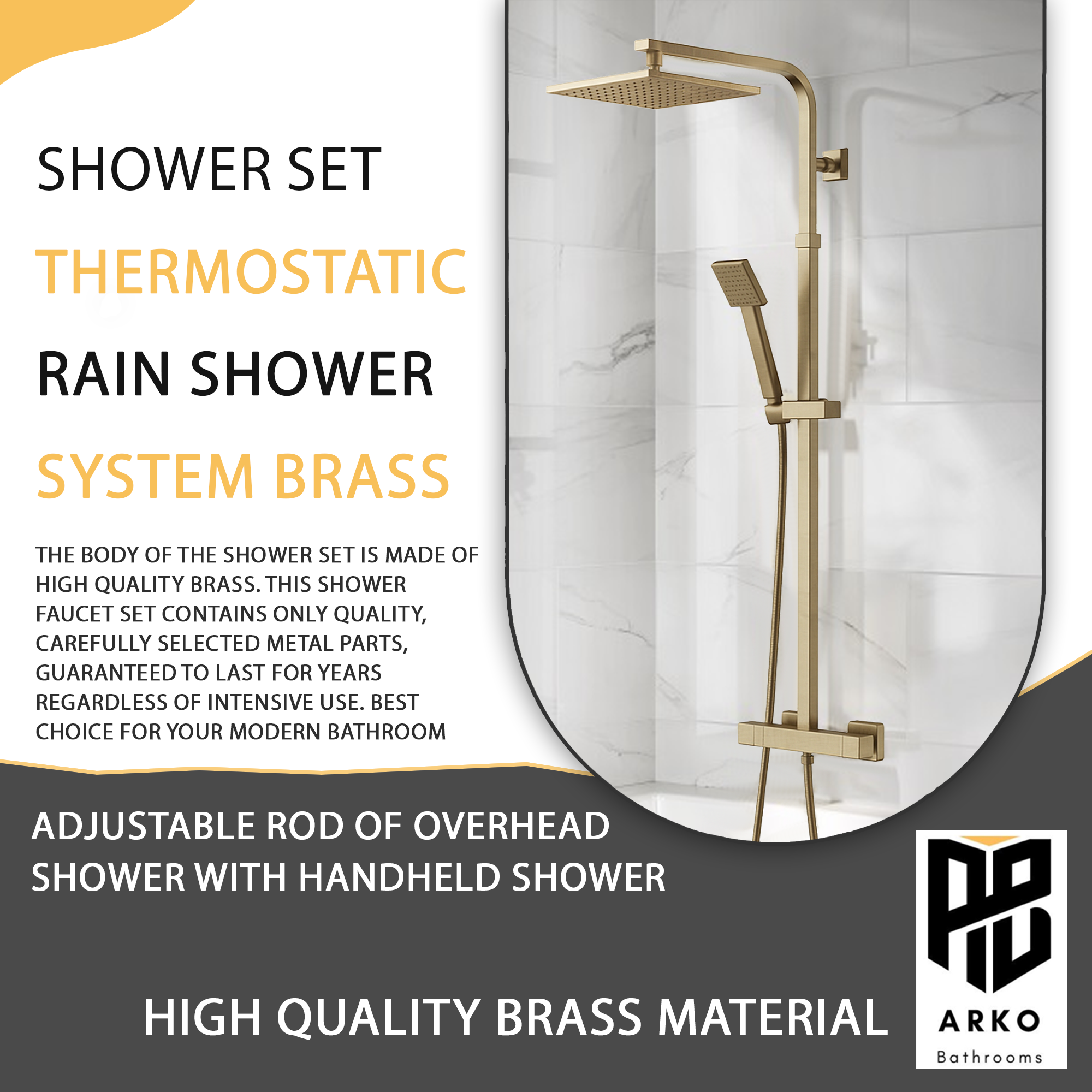 Modern Square Thermostatic Shower – Brass