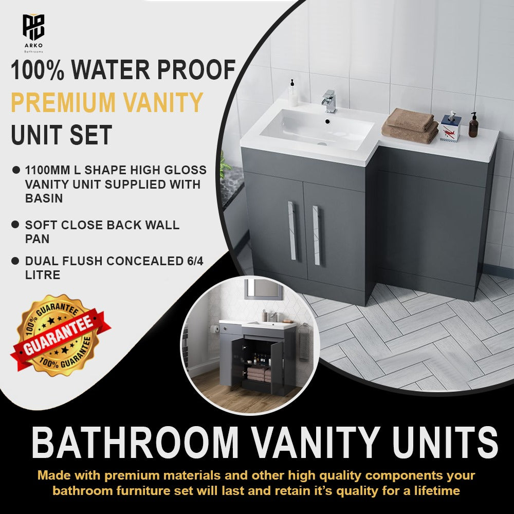 Arko Tana 1100mm Bathroom Vanity Unit Set Basin Sink Toilet WC Right Hand Furniture Storage - Grey