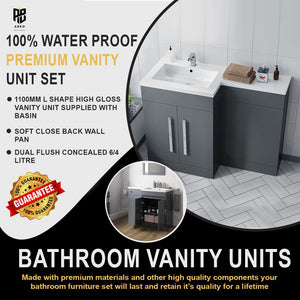 Arko Tana 1100mm Bathroom Vanity Unit Set Basin Sink Toilet WC Right Hand Furniture Storage - Grey