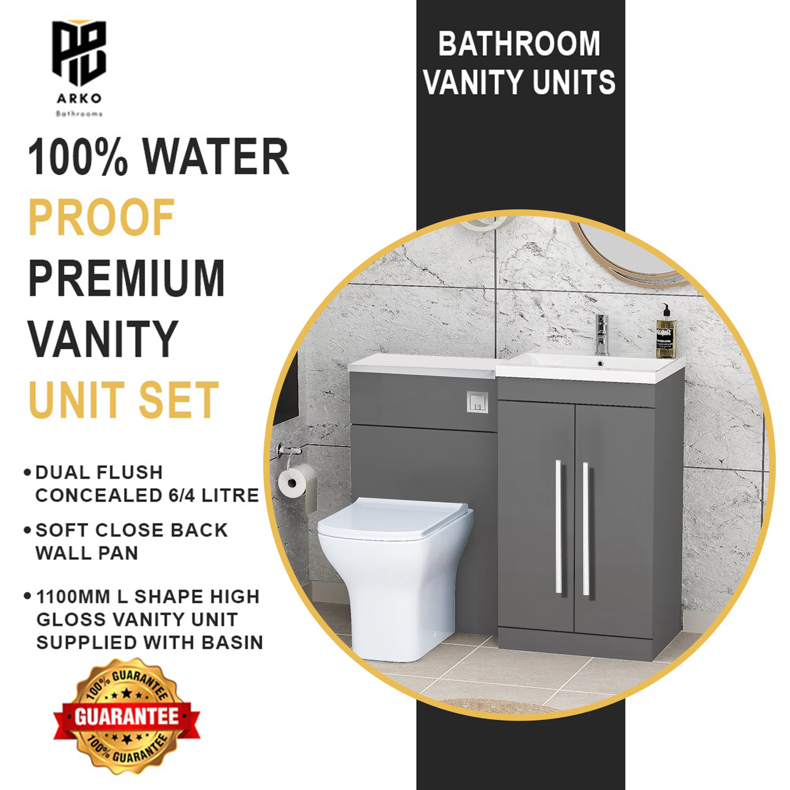 Arko Tana 1100mm Bathroom Vanity Unit Set Basin Sink Toilet WC Right Hand Furniture Storage - Grey