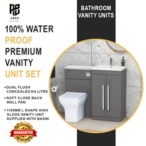 Arko Tana 1100mm Bathroom Vanity Unit Set Basin Sink Toilet WC Right Hand Furniture Storage - Grey