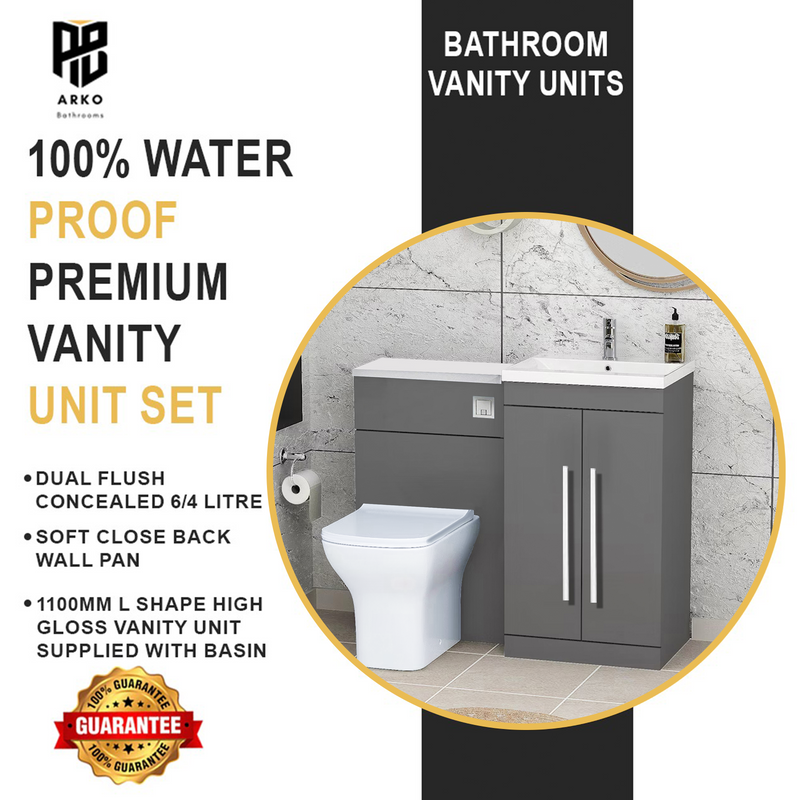 Arko Tana 1100mm Bathroom Vanity Unit Set Basin Sink Toilet WC Right Hand Furniture Storage - Grey