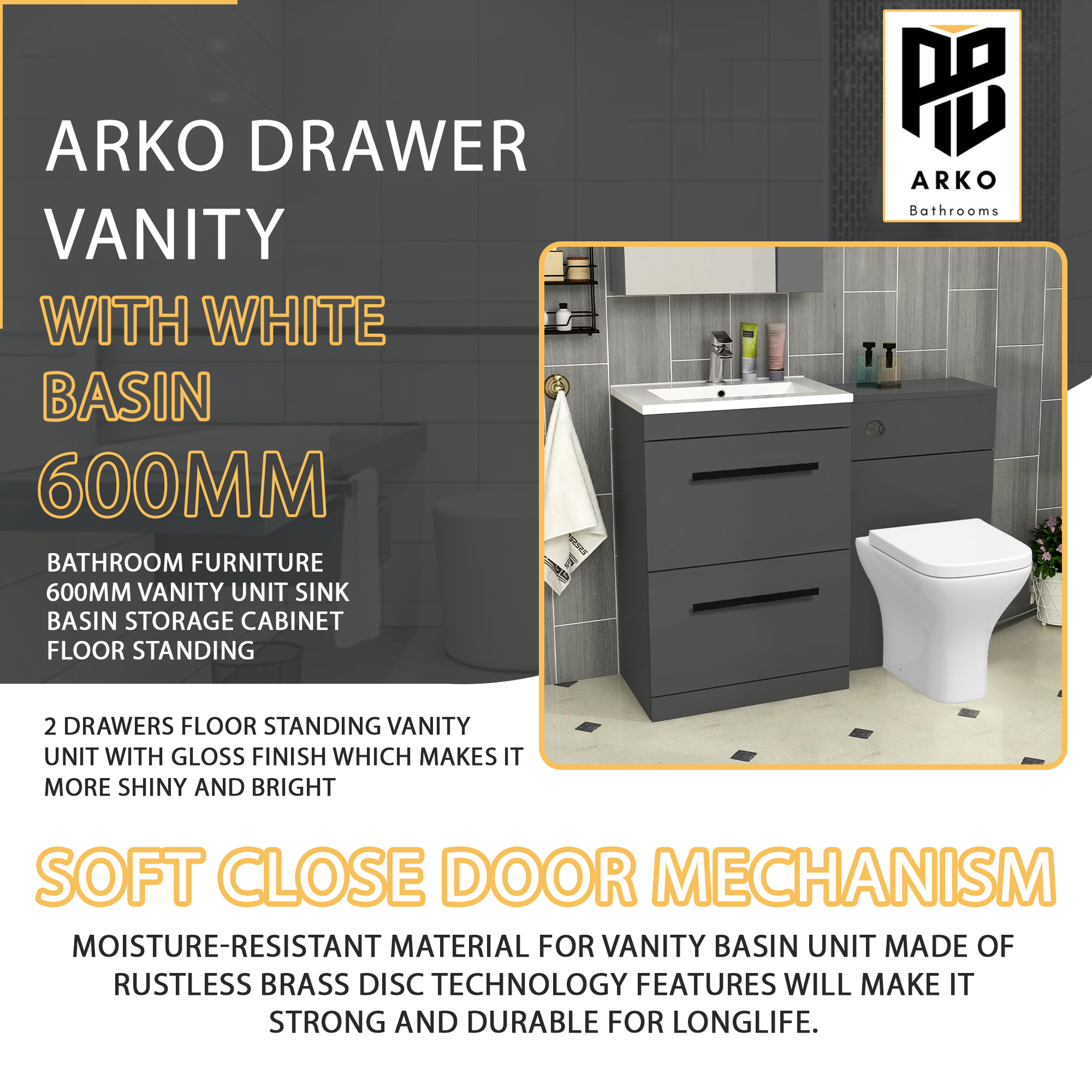 Arko 600mm Vanity Unit Bathroom Furniture Set with Basin, Concealed Toilet Pan & Soft-Close Seat – Anthracite