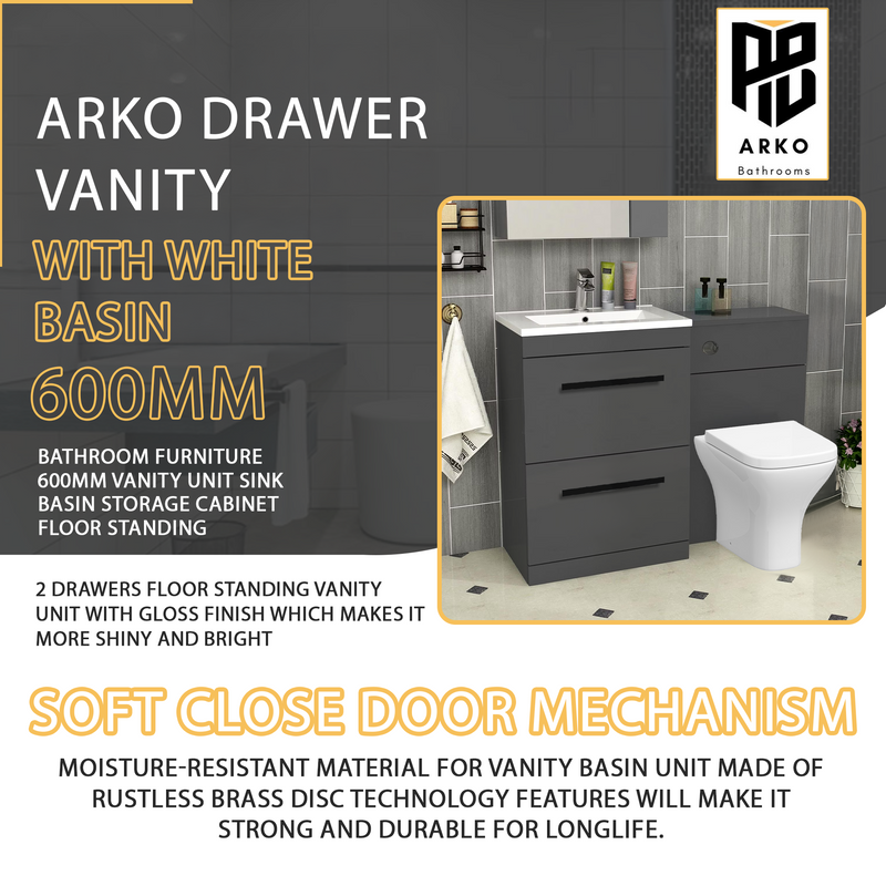 Arko 600mm Vanity Unit Bathroom Furniture Set with Basin, Concealed Toilet Pan & Soft-Close Seat – Anthracite