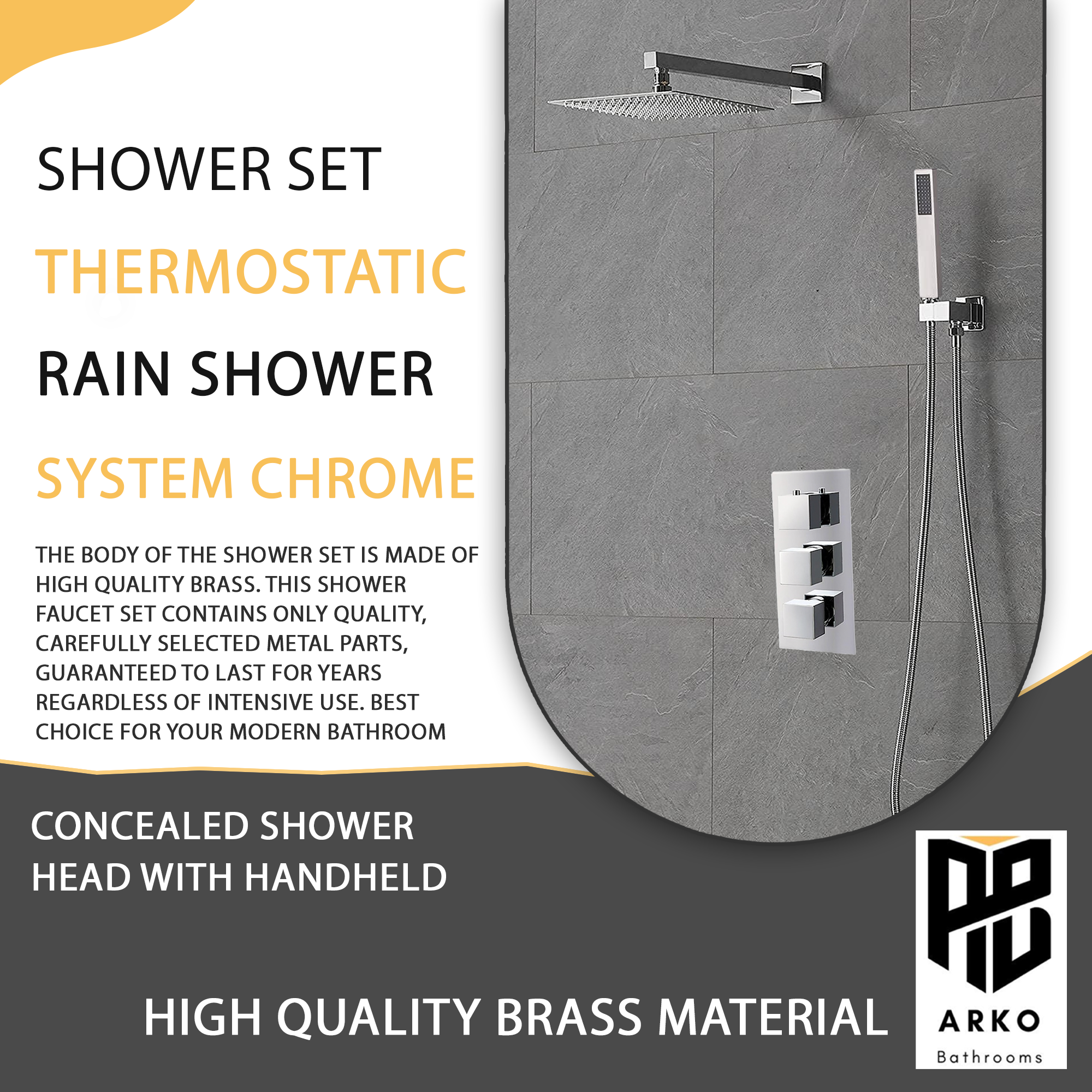 Square Concealed Triple Thermostatic Shower Pack with Head + Handset - Chrome
