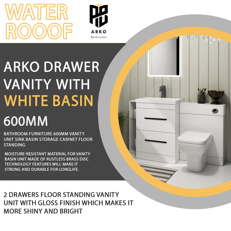 Arko 600mm Vanity Unit Bathroom Furniture Set with Basin, Concealed Toilet Pan & Soft-Close Seat – White