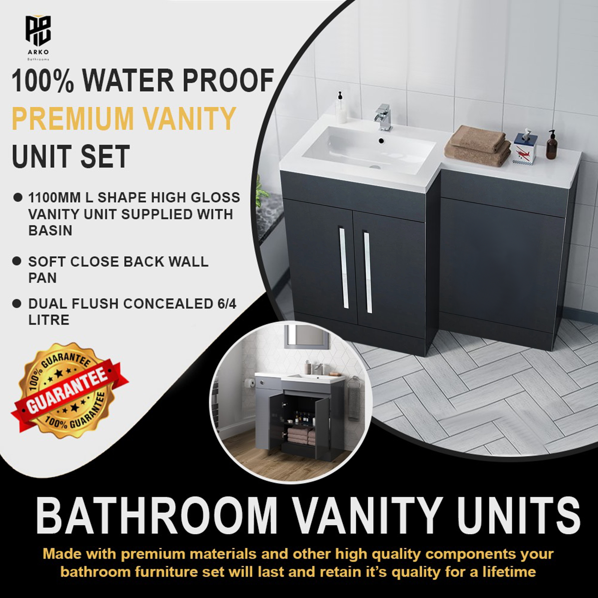 Arko Tana 1100mm Bathroom Vanity Unit Set Basin Sink Toilet WC Right Hand Furniture Storage - Anthracite