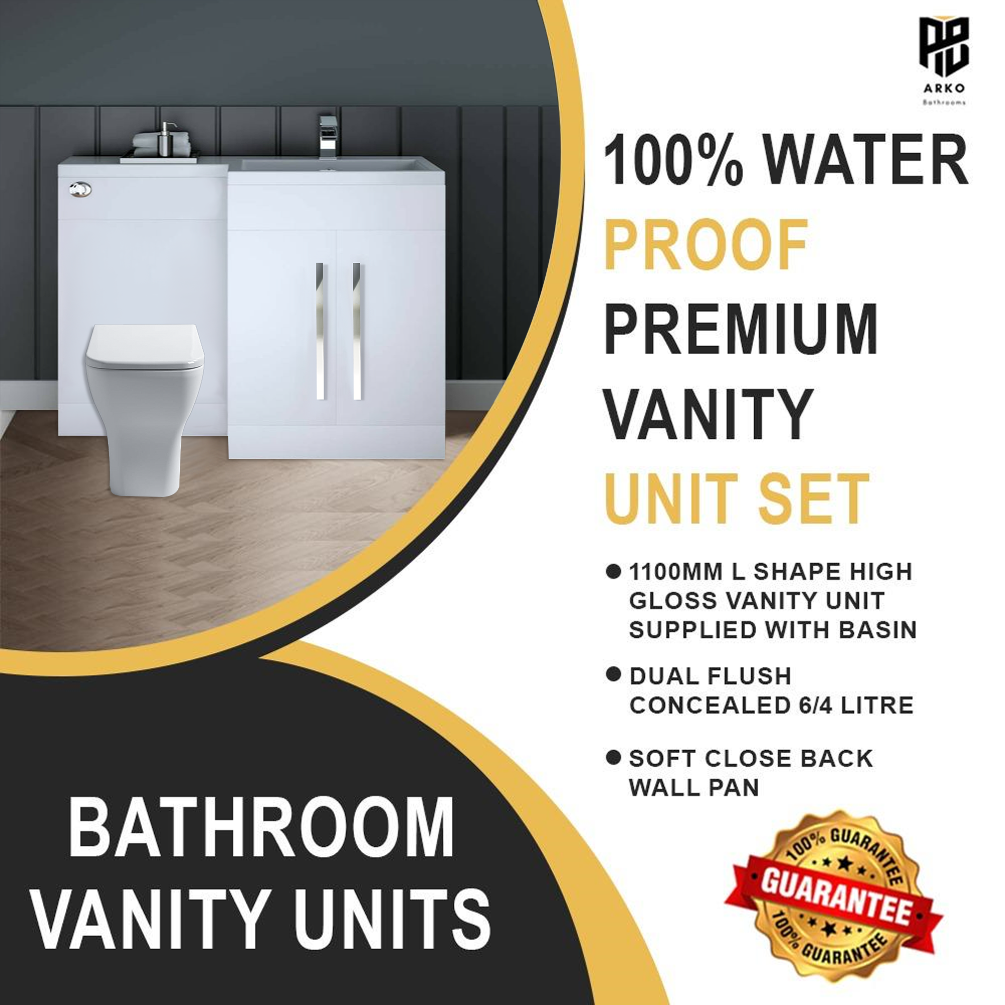 Arko Tana 1100mm Bathroom Vanity Unit Set Basin Sink Toilet WC Right Hand Furniture Storage - White