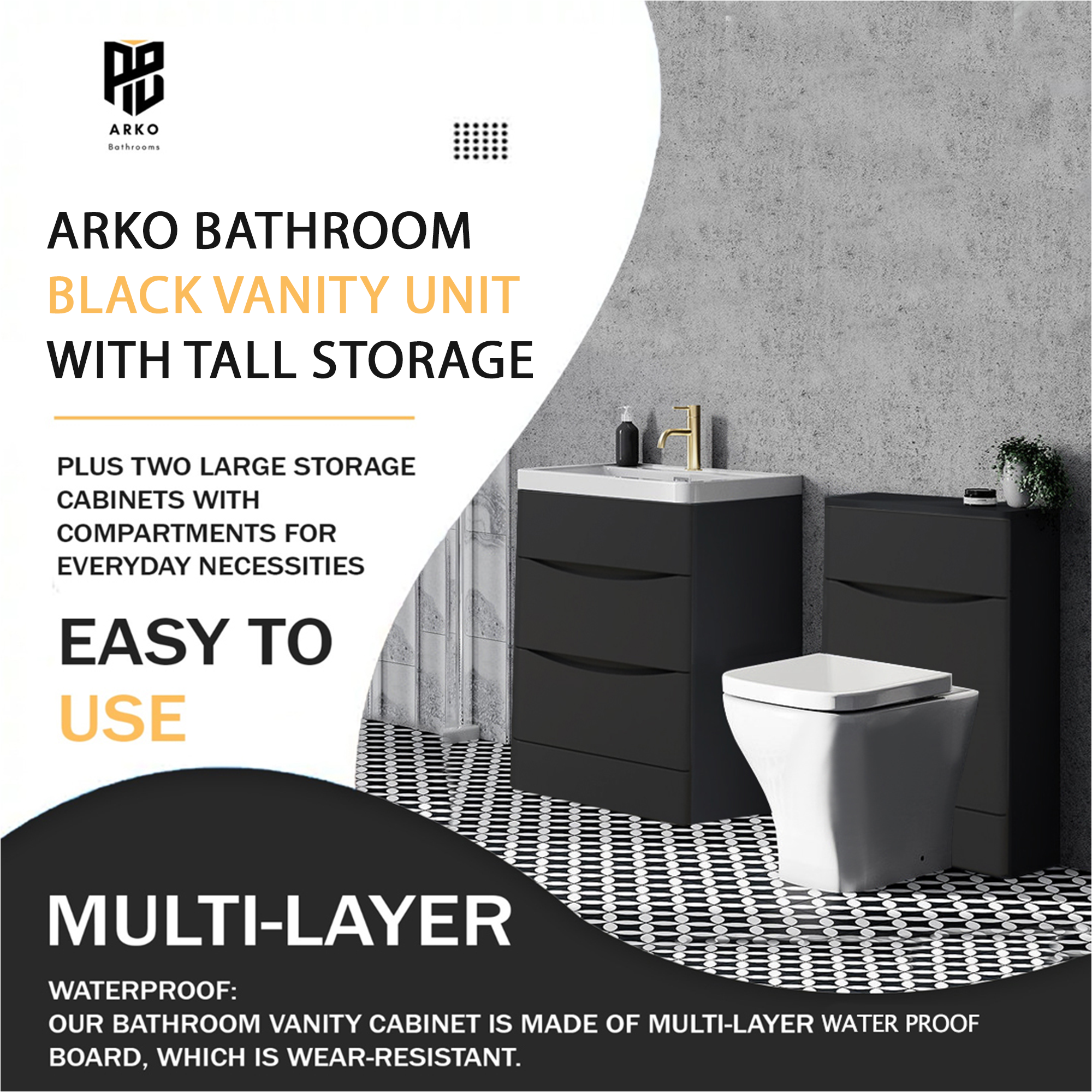 Arko Bathroom Furniture Set 600mm Vanity Unit with Basin, BTW WC Unit with Soft-Close Seat & 1500mm Tall Storage Cabinet – Black