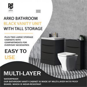 Arko Bathroom Furniture Set 600mm Vanity Unit with Basin, BTW WC Unit with Soft-Close Seat & 1500mm Tall Storage Cabinet – Black