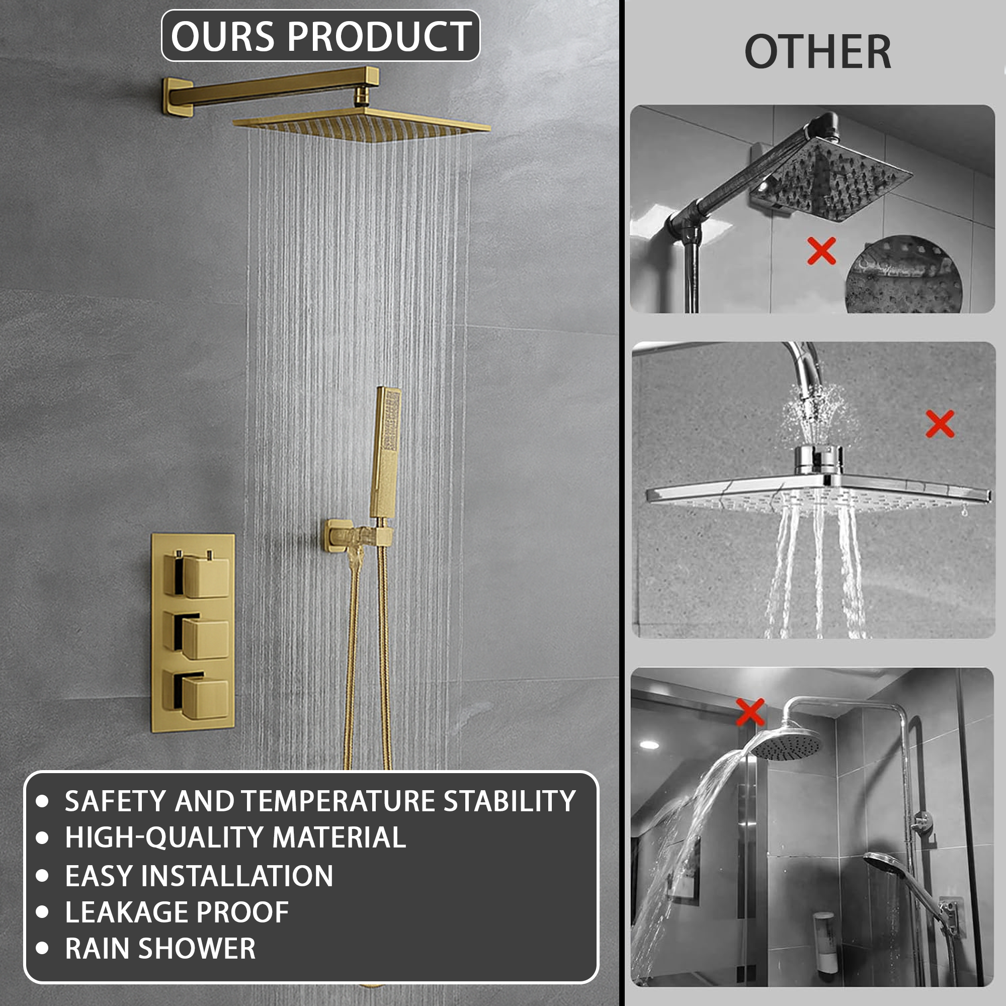 Square Concealed Brass Triple Thermostatic Shower Pack with Head + Handset – ARKO