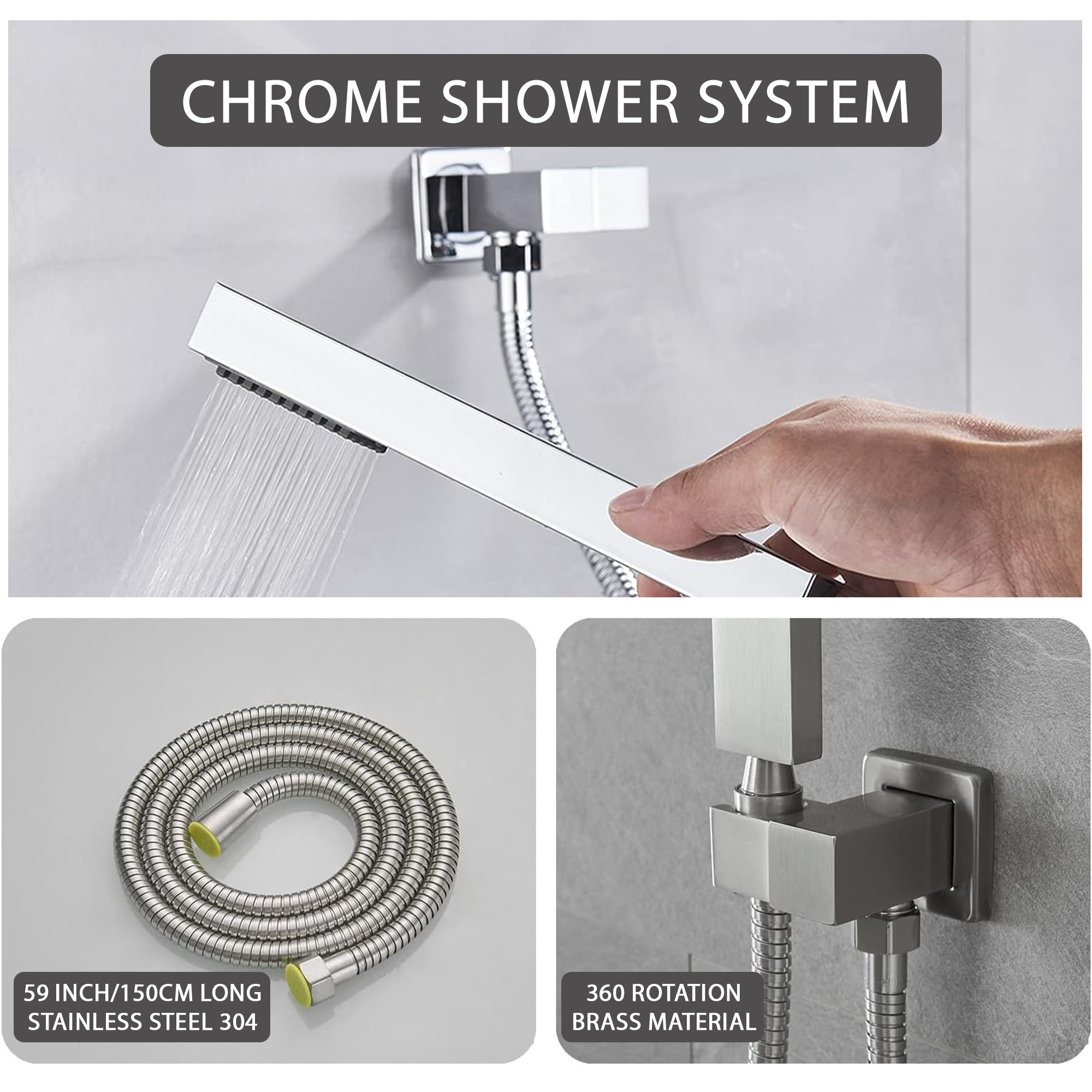 Square Concealed Triple Thermostatic Shower Pack with Head + Handset - Chrome