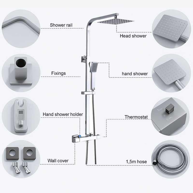 Modern Square Thermostatic Shower – Chrome