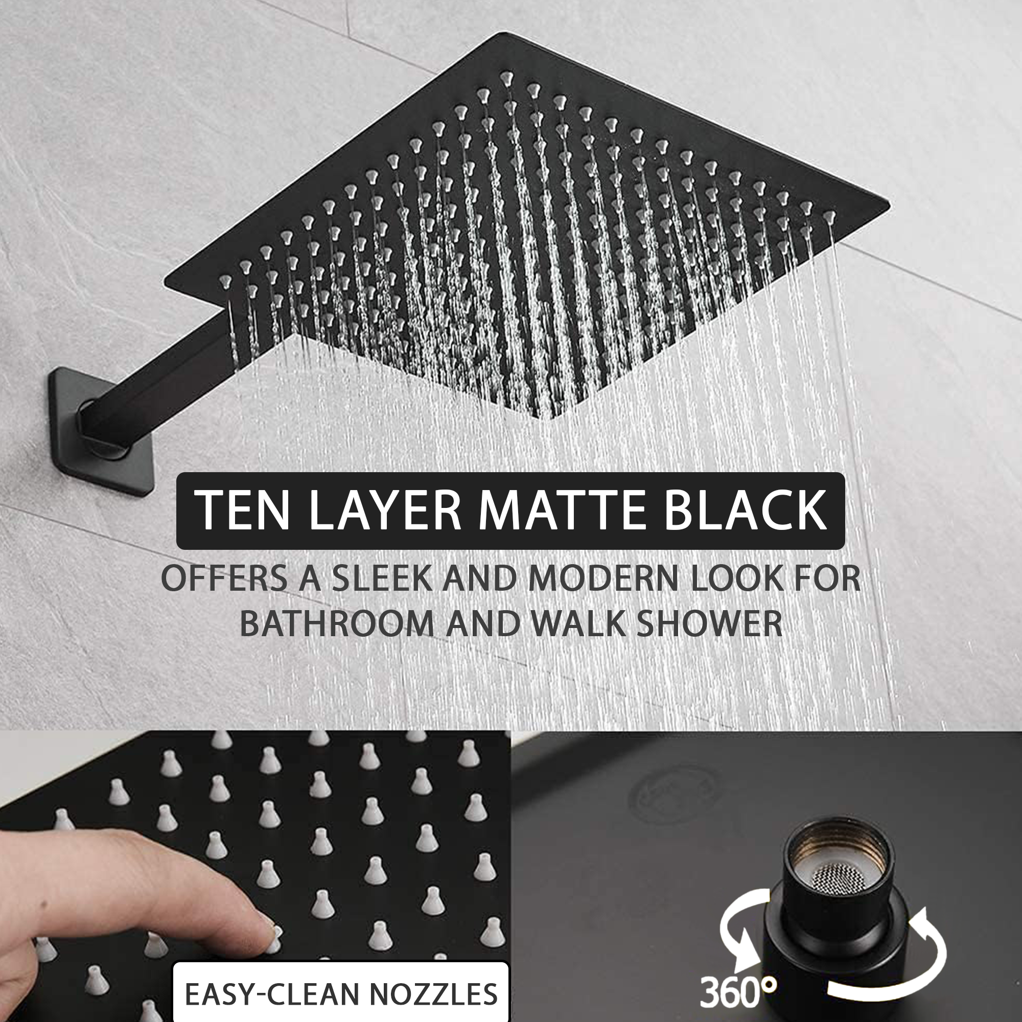 Square Concealed Thermostatic Shower System with Overhead & Handheld Options - Matt Black