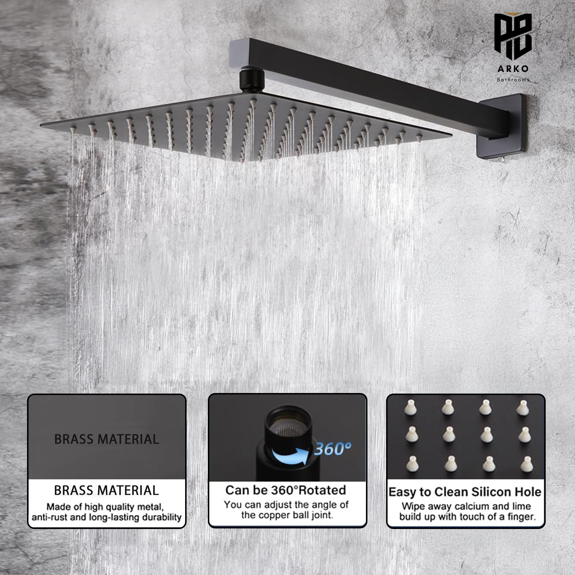 Square Concealed Thermostatic Shower System with Overhead & Handheld Options - Matt Black