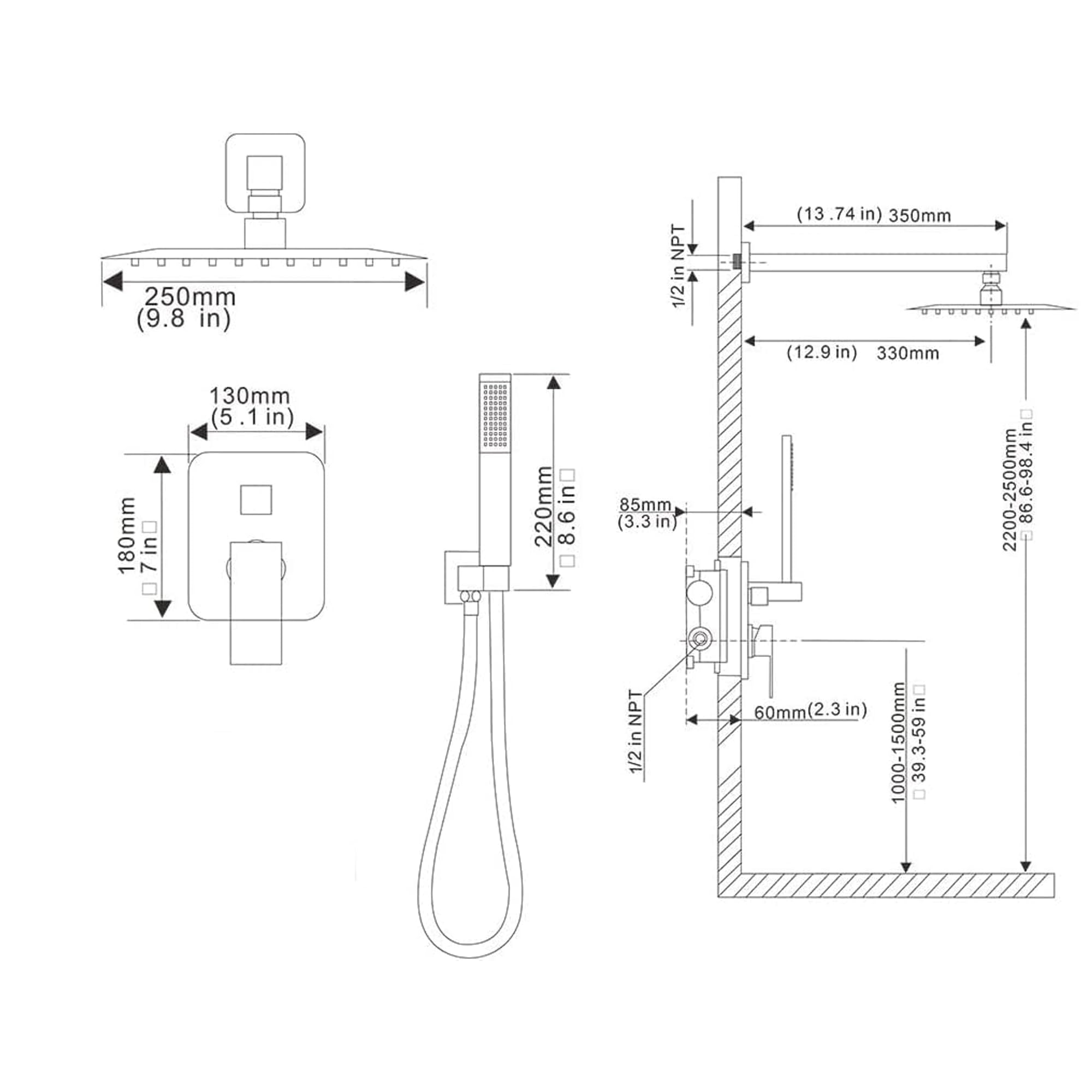 Square Concealed Brass Triple Thermostatic Shower Pack with Head + Handset – ARKO
