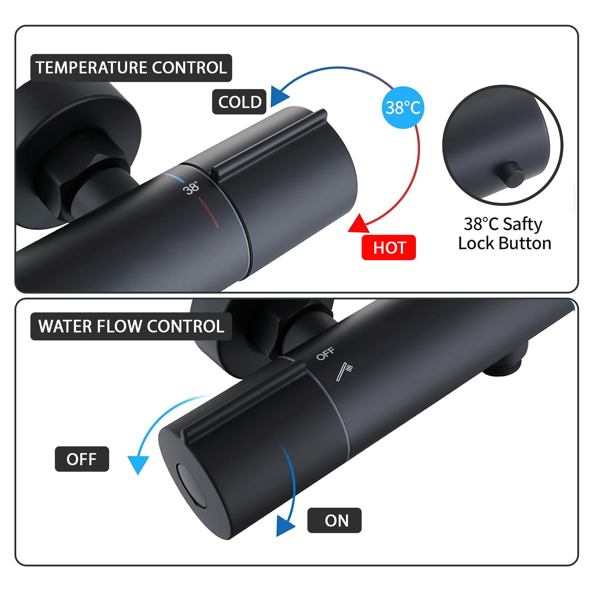 Modern Round Thermostatic Shower - Matt Black