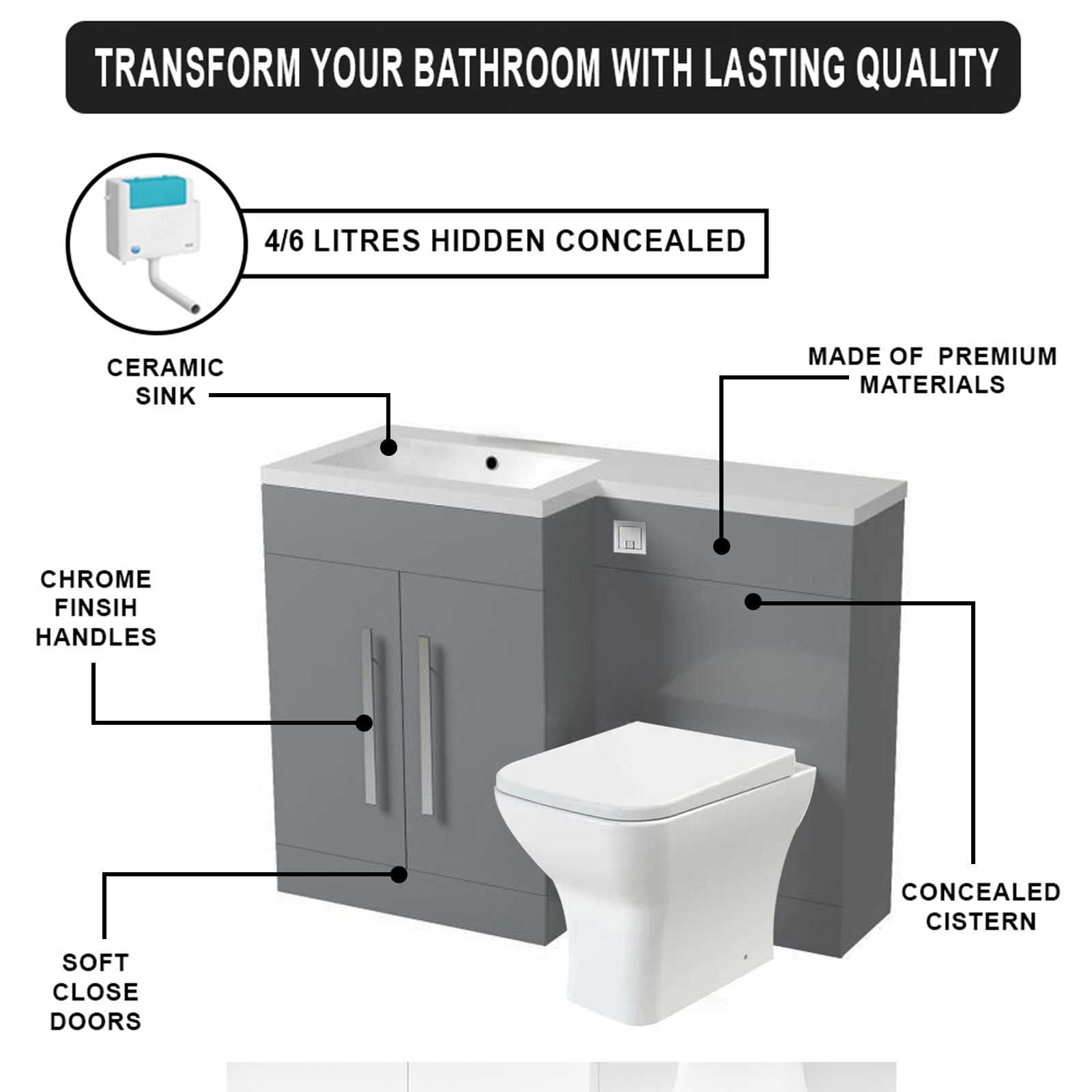 Arko Tana 1100mm Bathroom Vanity Unit Set Basin Sink Toilet WC Right Hand Furniture Storage - Grey