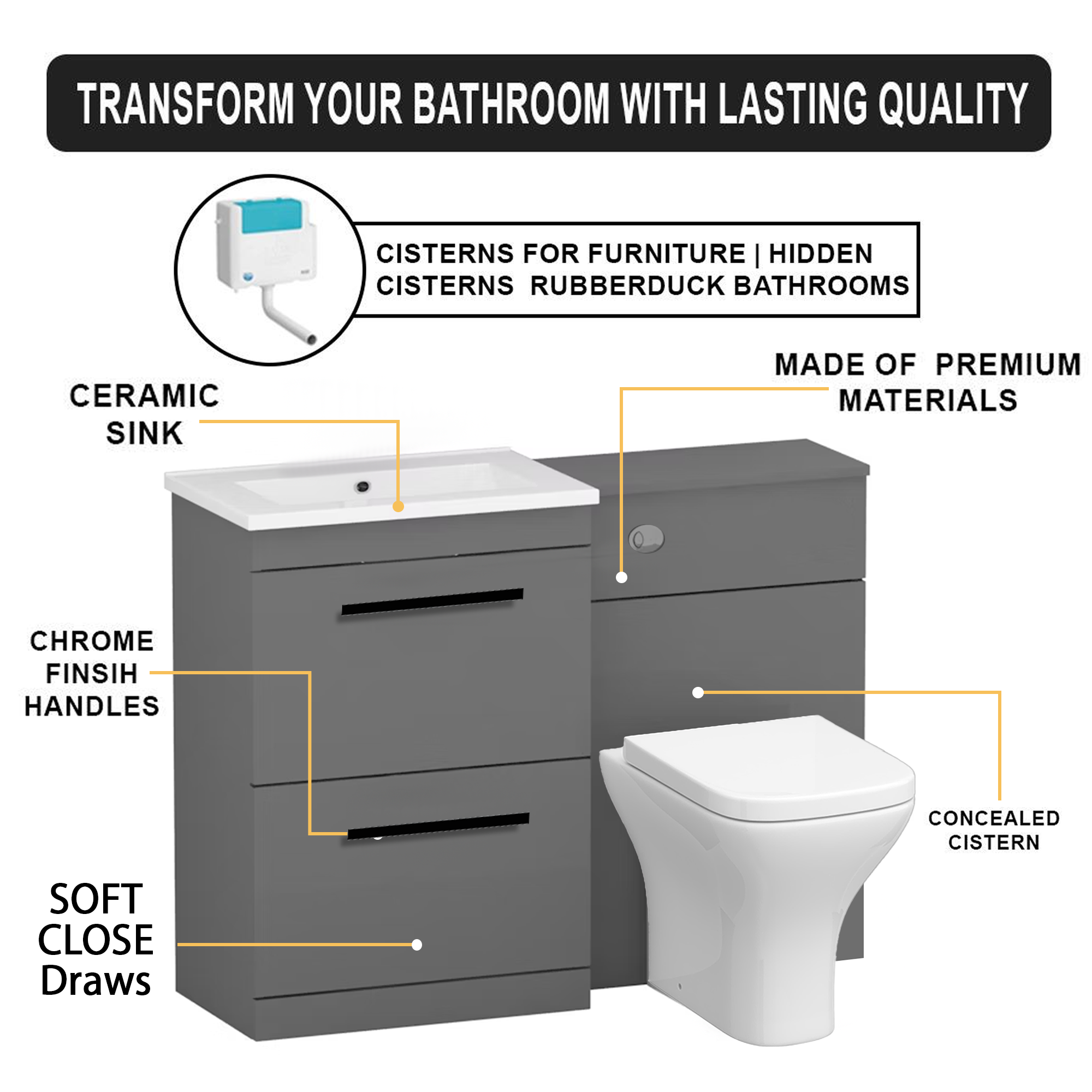 Arko 600mm Vanity Unit Bathroom Furniture Set with Basin, Concealed Toilet Pan & Soft-Close Seat – Grey