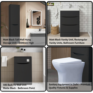 Arko Bathroom Furniture Set 600mm Vanity Unit with Basin, BTW WC Unit with Soft-Close Seat & 1500mm Tall Storage Cabinet – Black