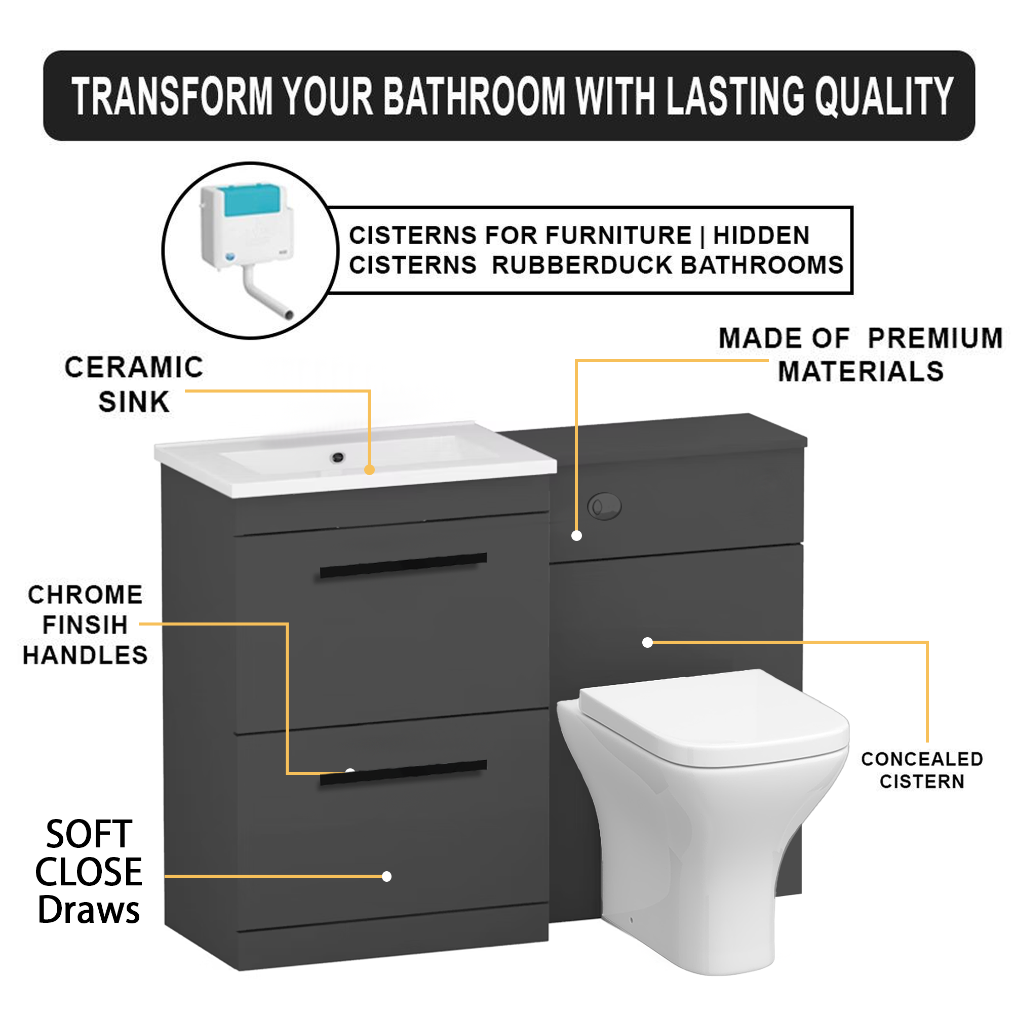 Arko 600mm Vanity Unit Bathroom Furniture Set with Basin, Concealed Toilet Pan & Soft-Close Seat – Anthracite