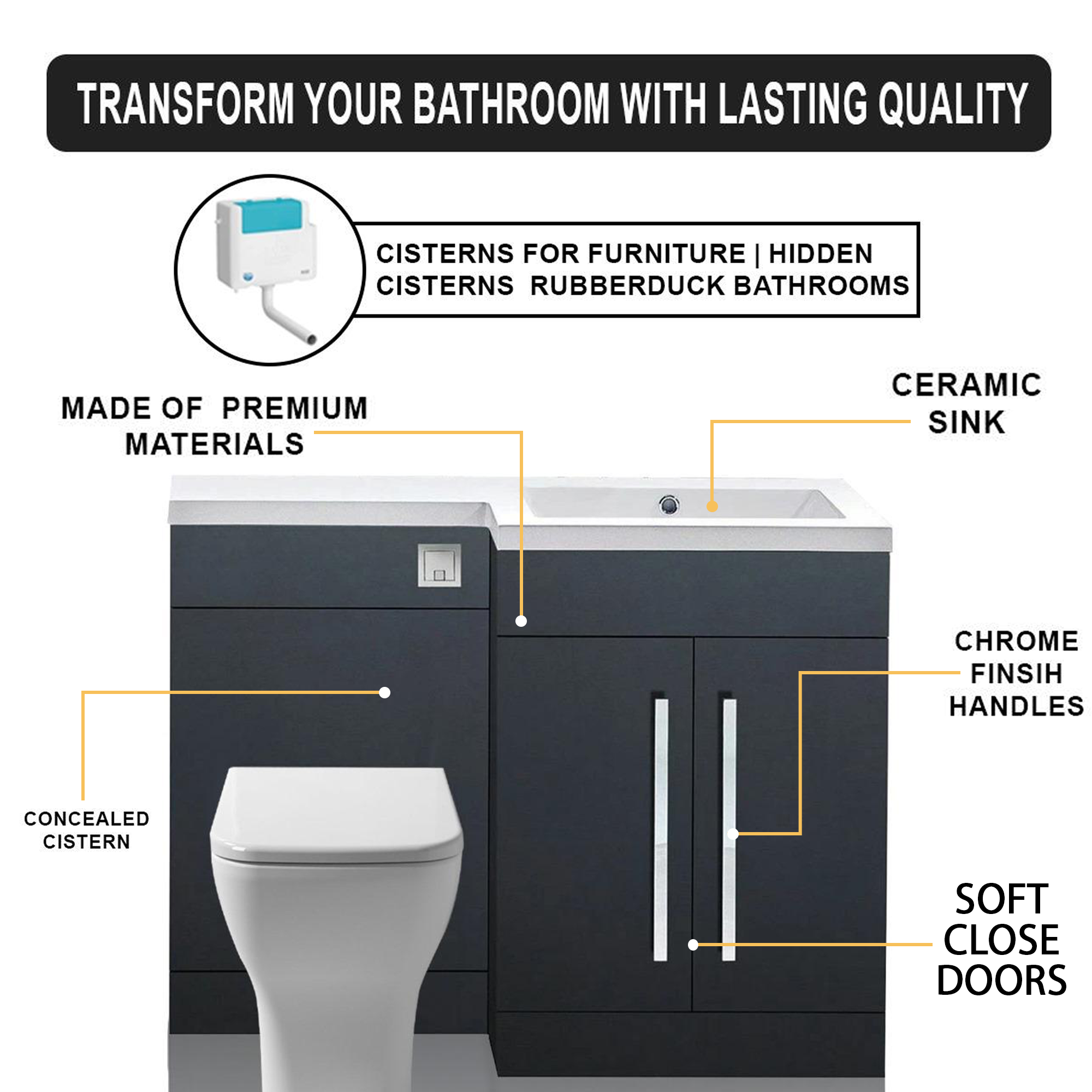 Arko Tana 1100mm Bathroom Vanity Unit Set Basin Sink Toilet WC Right Hand Furniture Storage - Anthracite
