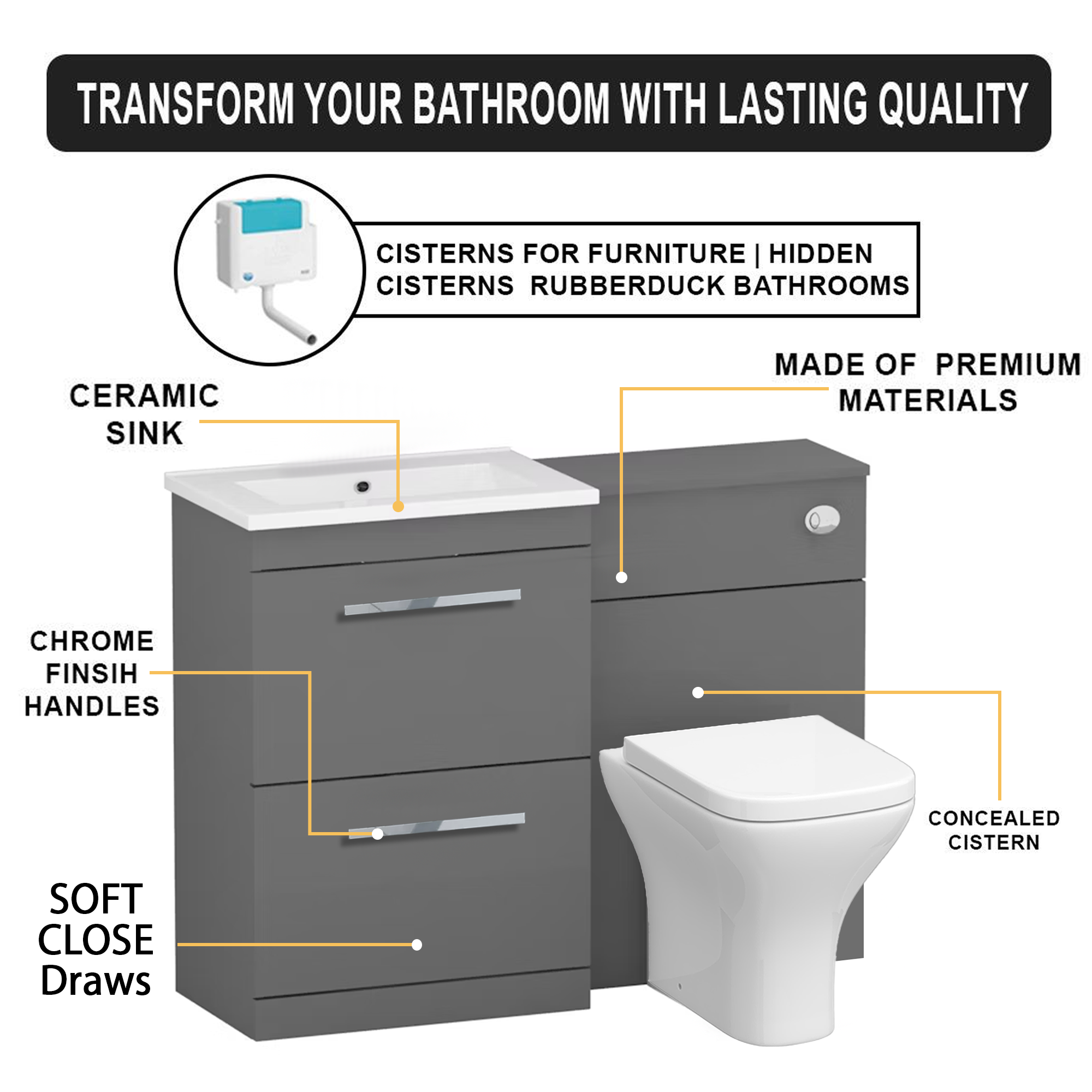 Arko 600mm Vanity Unit Bathroom Furniture Set with Basin, Concealed Toilet Pan & Soft-Close Seat – Grey