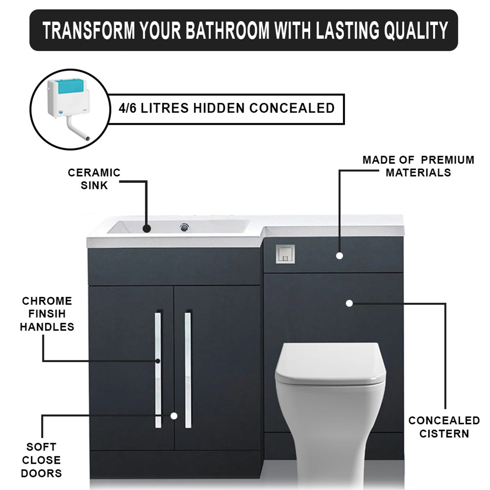 Arko Tana 1100mm Bathroom Vanity Unit Set Basin Sink Toilet WC Right Hand Furniture Storage - Anthracite