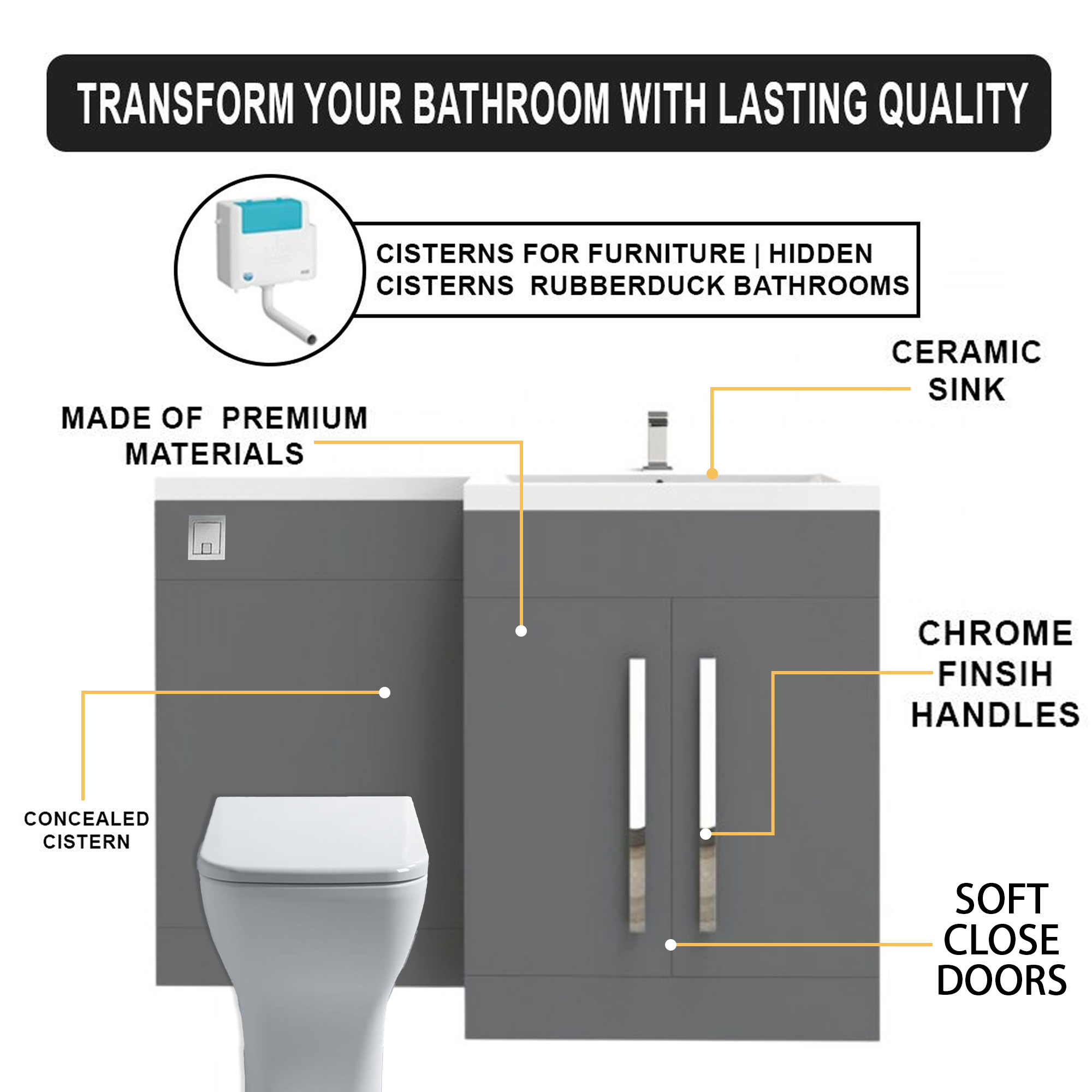 Arko Tana 1100mm Bathroom Vanity Unit Set Basin Sink Toilet WC Right Hand Furniture Storage - Grey