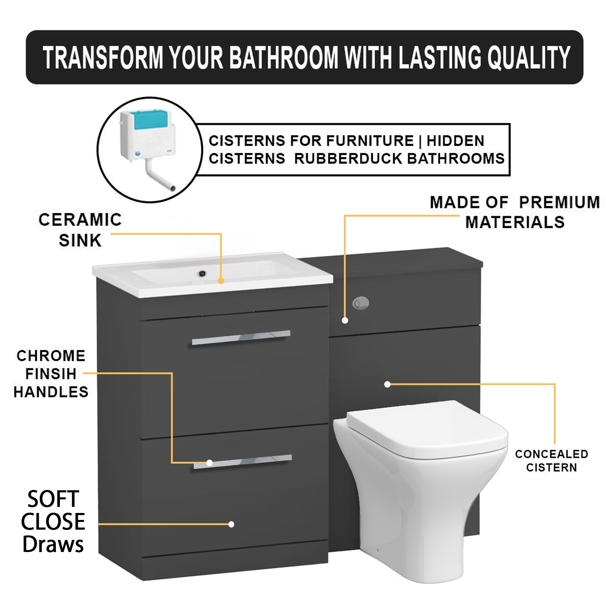 Arko 600mm Vanity Unit Bathroom Furniture Set with Basin, Concealed Toilet Pan & Soft-Close Seat – Anthracite