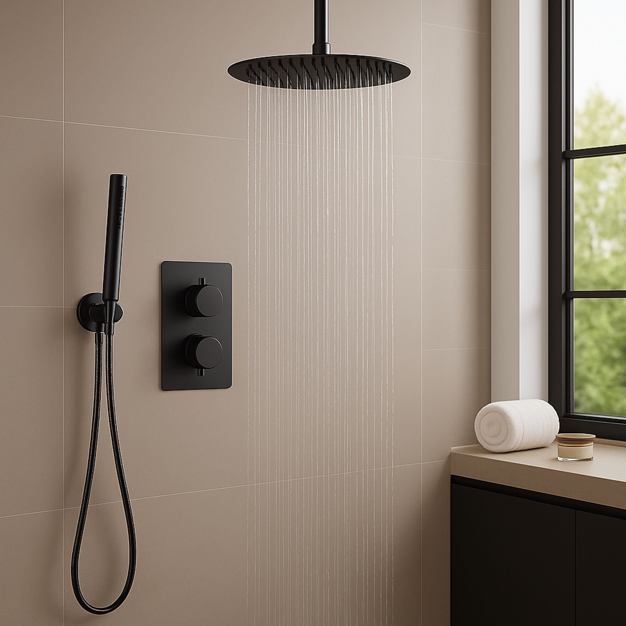 Black Round Concealed Thermostatic Shower Pack with Head + Handset