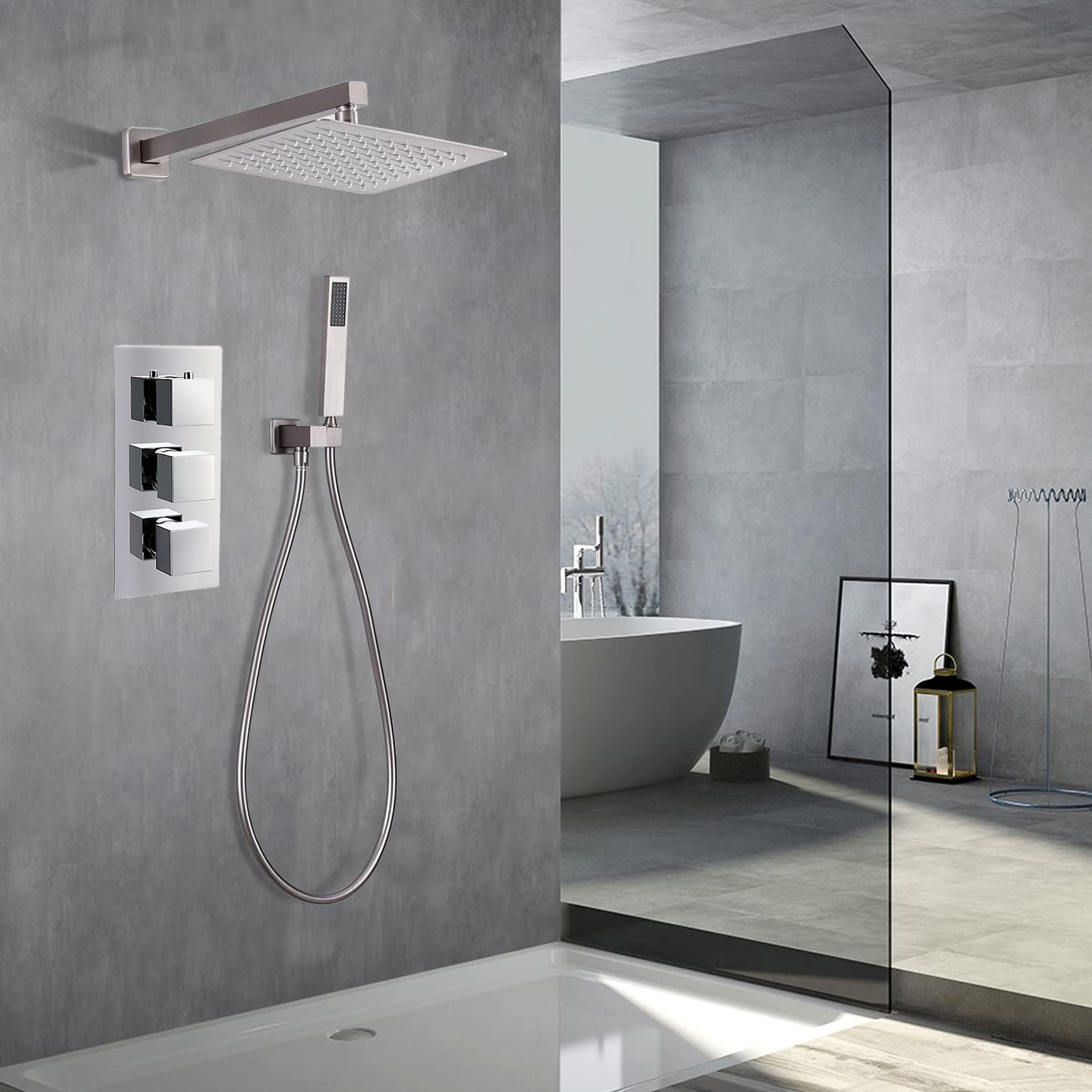 Square Concealed Triple Thermostatic Shower Pack with Head + Handset - Chrome