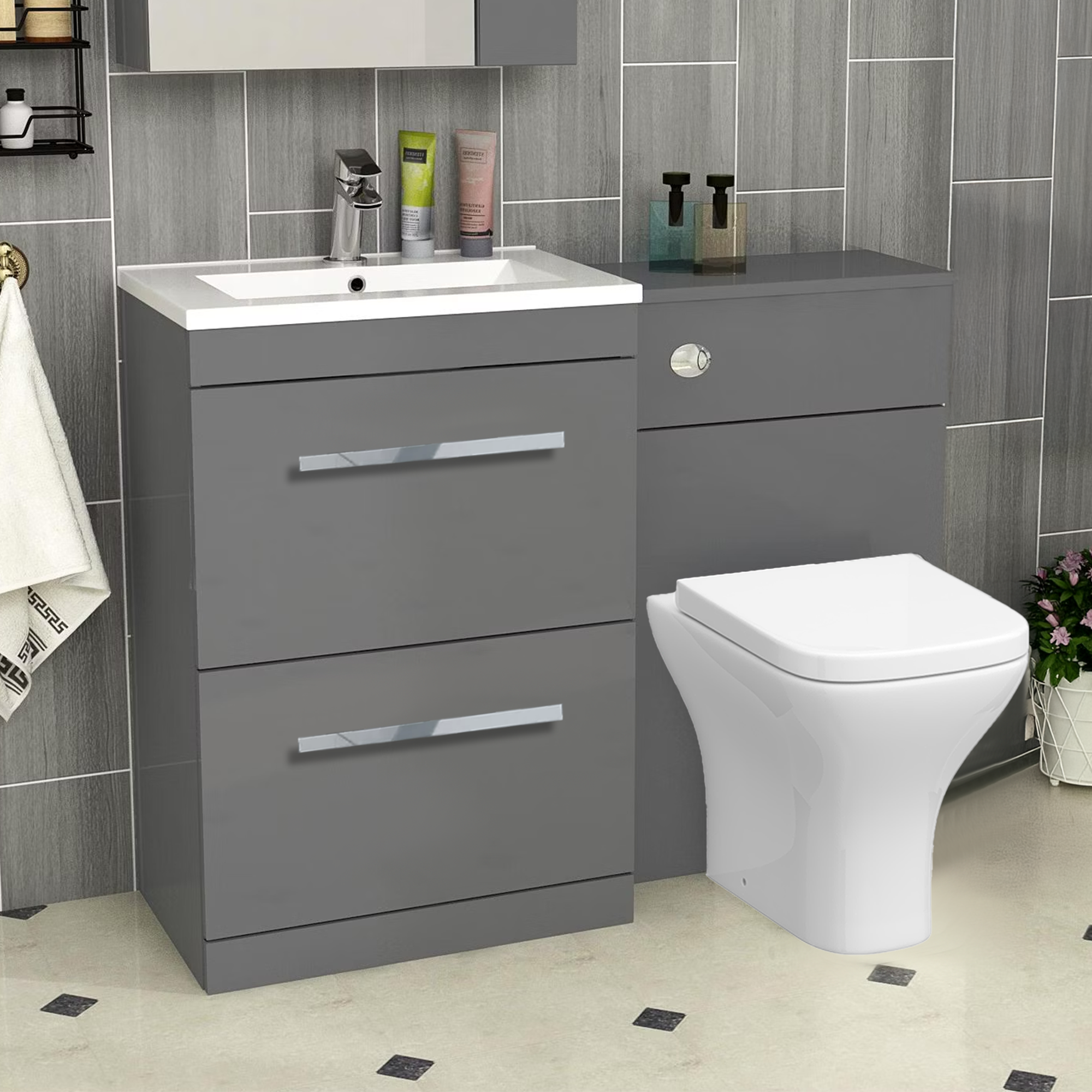Arko 600mm Vanity Unit Bathroom Furniture Set with Basin, Concealed Toilet Pan & Soft-Close Seat – Grey