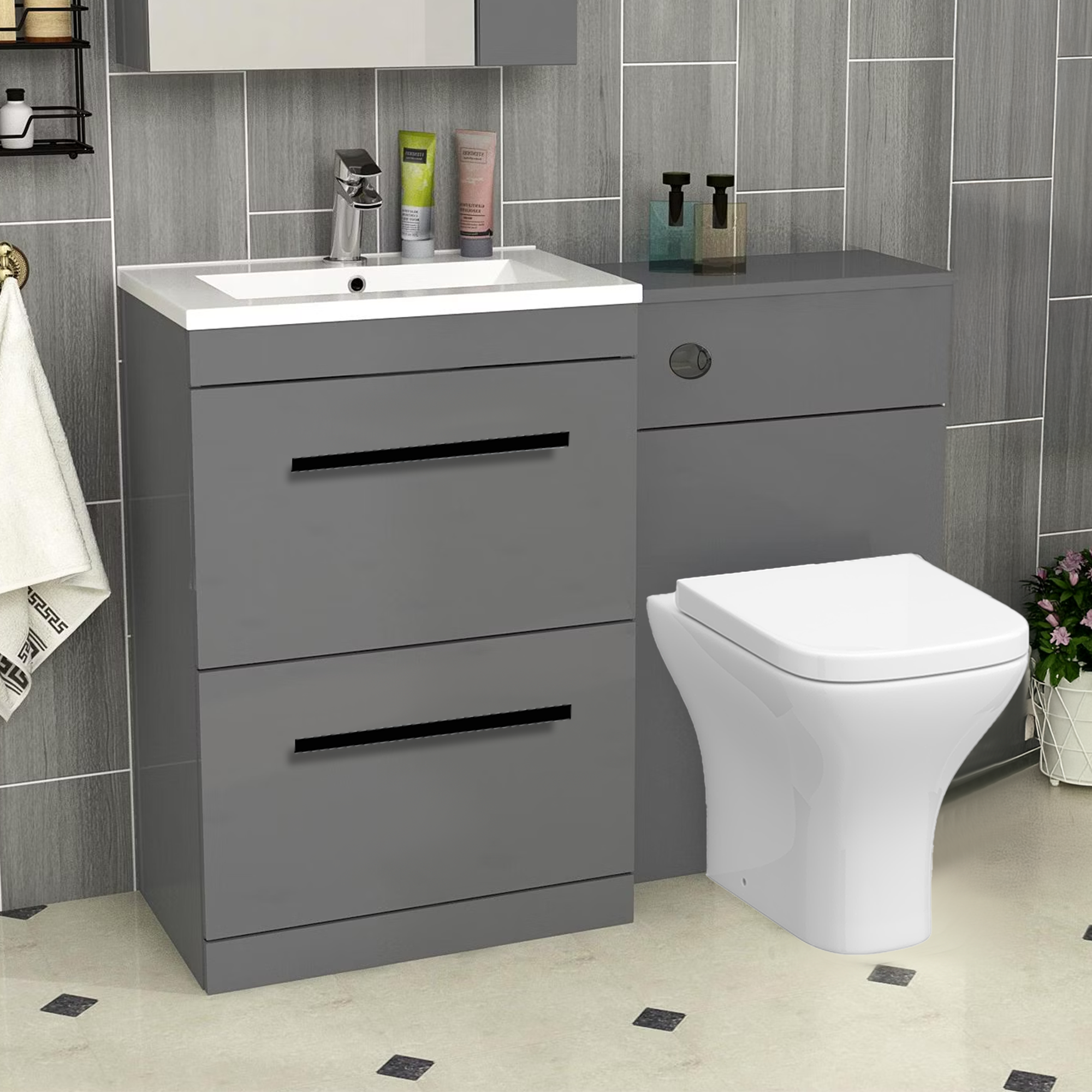 Arko 600mm Vanity Unit Bathroom Furniture Set with Basin, Concealed Toilet Pan & Soft-Close Seat – Grey