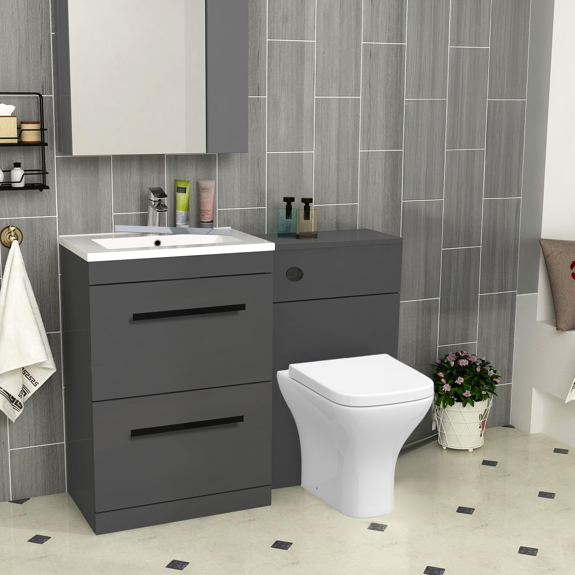 Arko 600mm Vanity Unit Bathroom Furniture Set with Basin, Concealed Toilet Pan & Soft-Close Seat – Anthracite