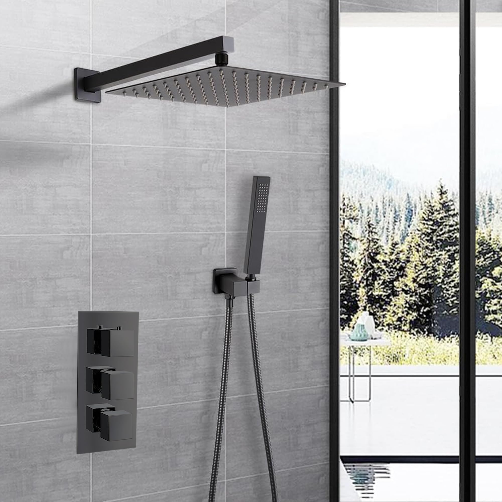 Square Concealed Thermostatic Shower System with Overhead & Handheld Options - Matt Black