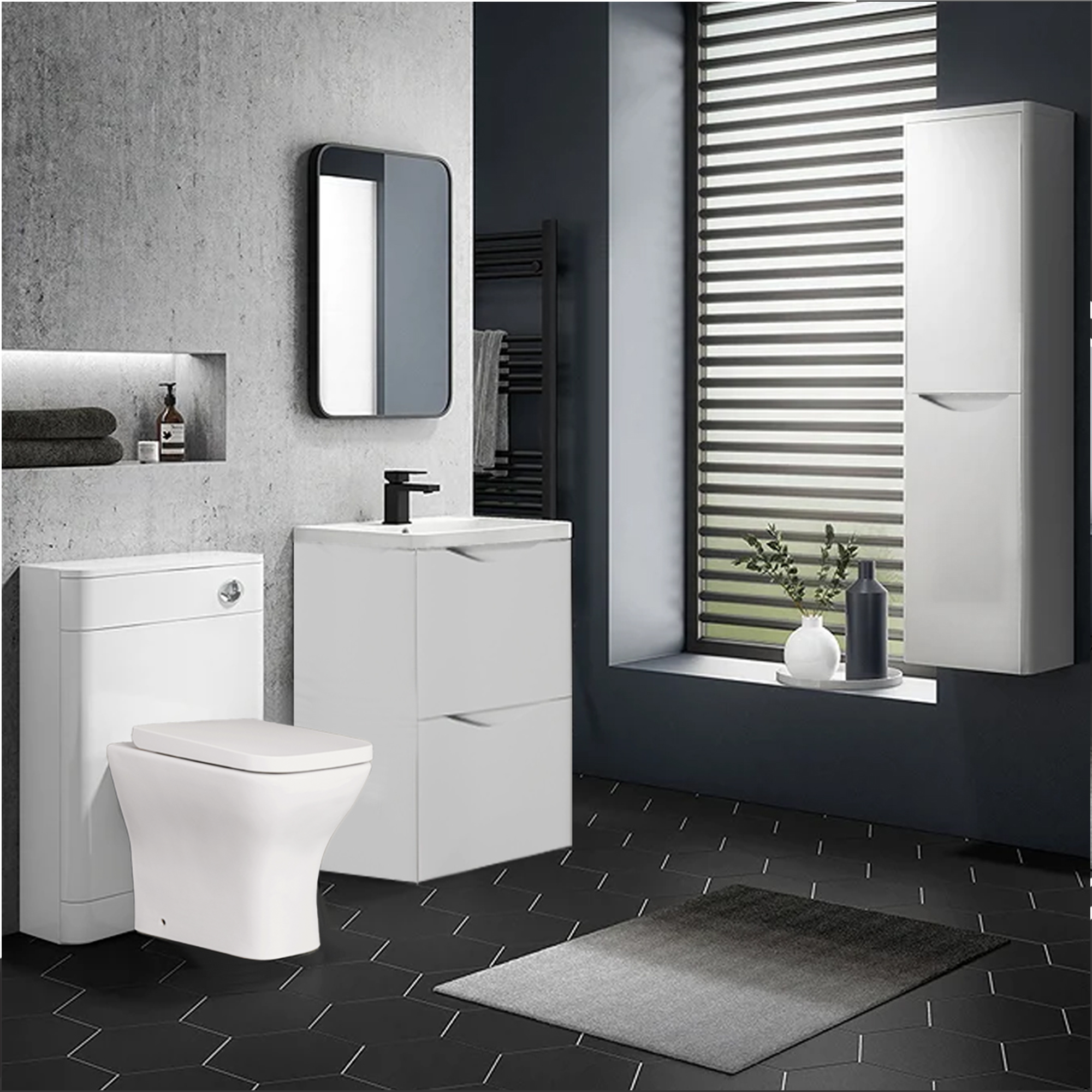 Arko Bathroom Furniture Set 600mm Vanity Unit with Basin, BTW WC Unit with Soft-Close Seat & 1500mm Tall Storage Cabinet –White