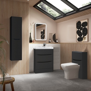 Arko Bathroom Furniture Set 600mm Vanity Unit with Basin, BTW WC Unit with Soft-Close Seat & 1500mm Tall Storage Cabinet – Black