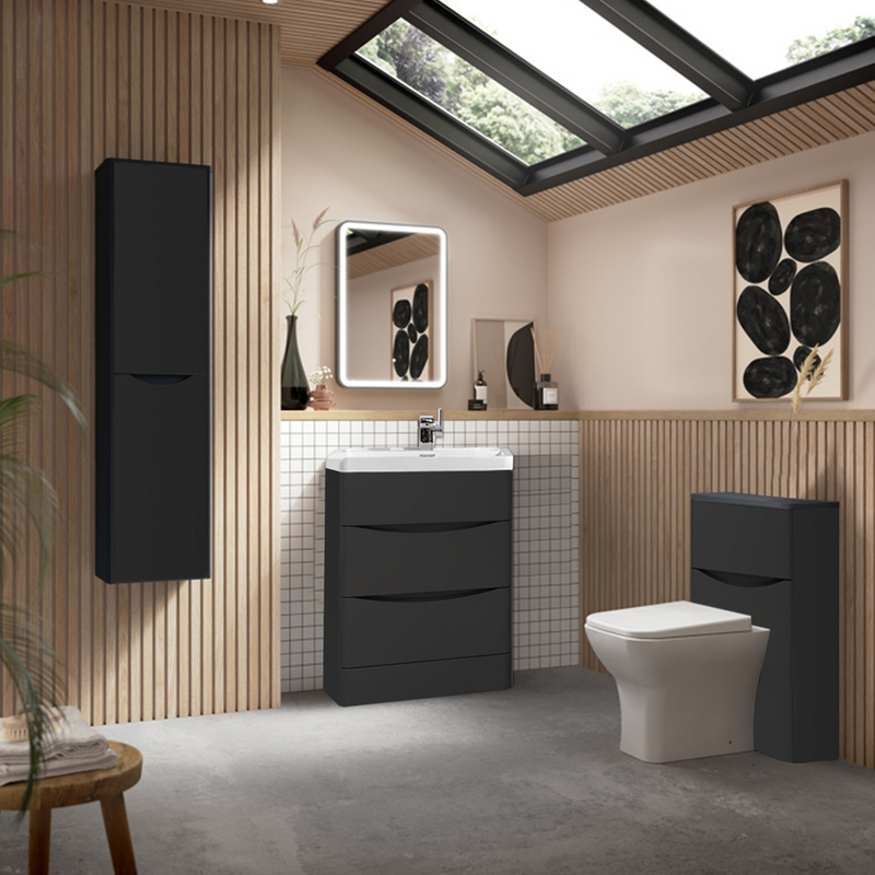 Arko Bathroom Furniture Set 600mm Vanity Unit with Basin, BTW WC Unit with Soft-Close Seat & 1500mm Tall Storage Cabinet – Black