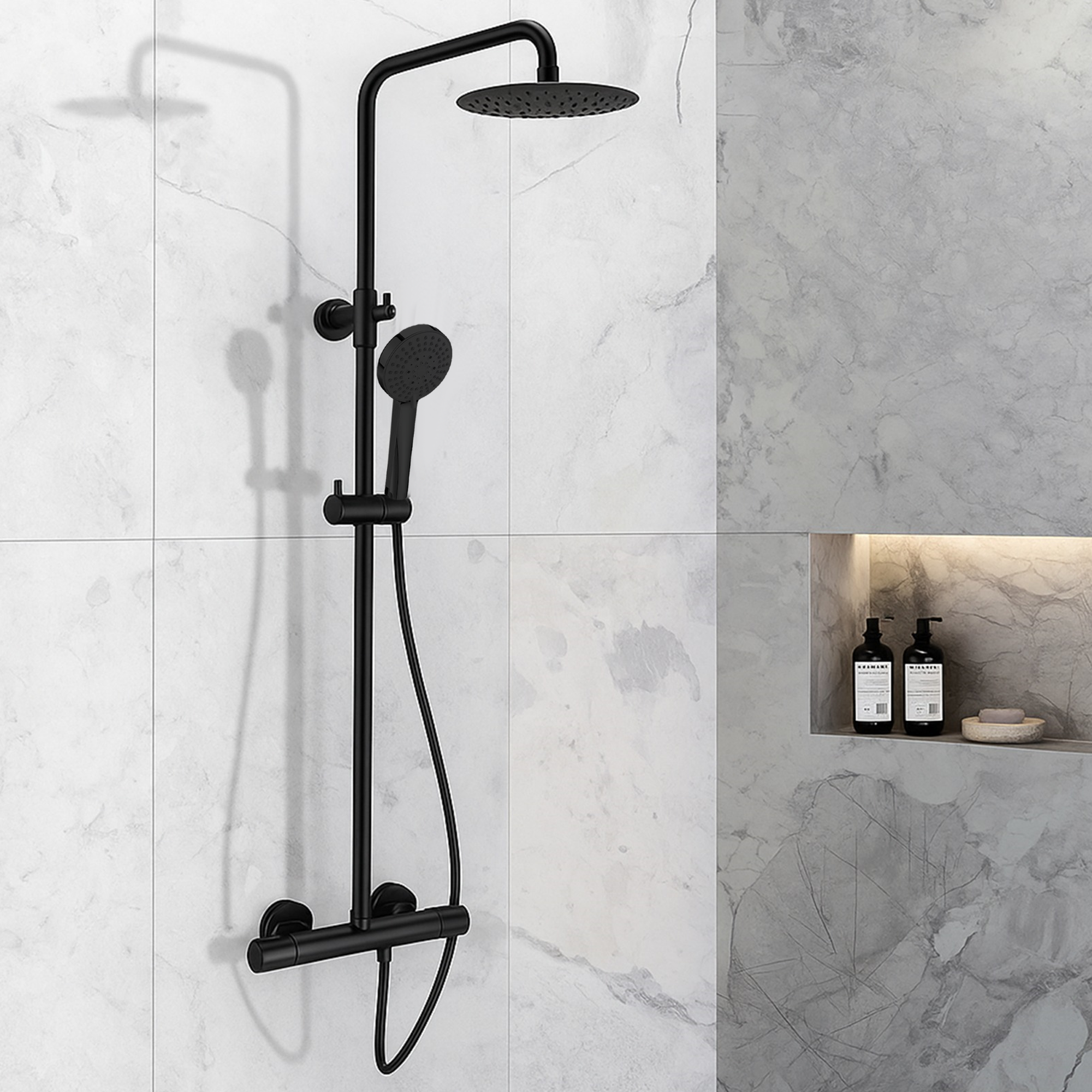 Modern Round Thermostatic Shower - Matt Black