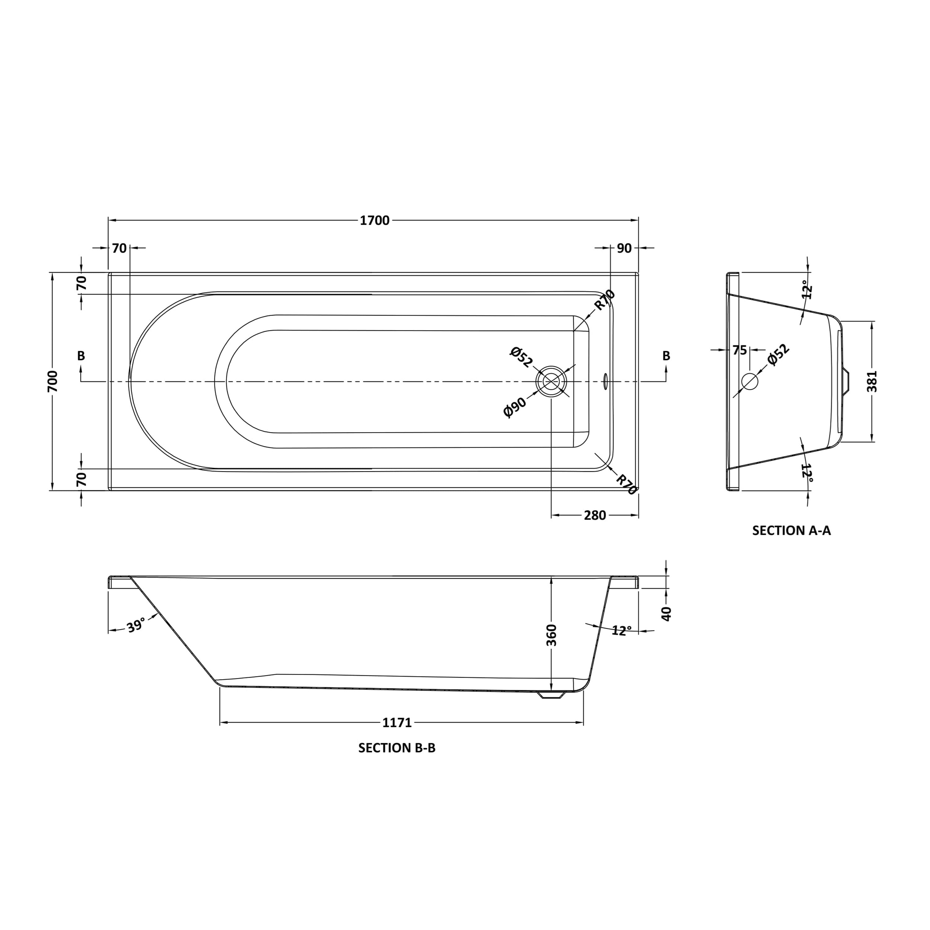 Round 1700mmx700mm Standard Single Ended Bath