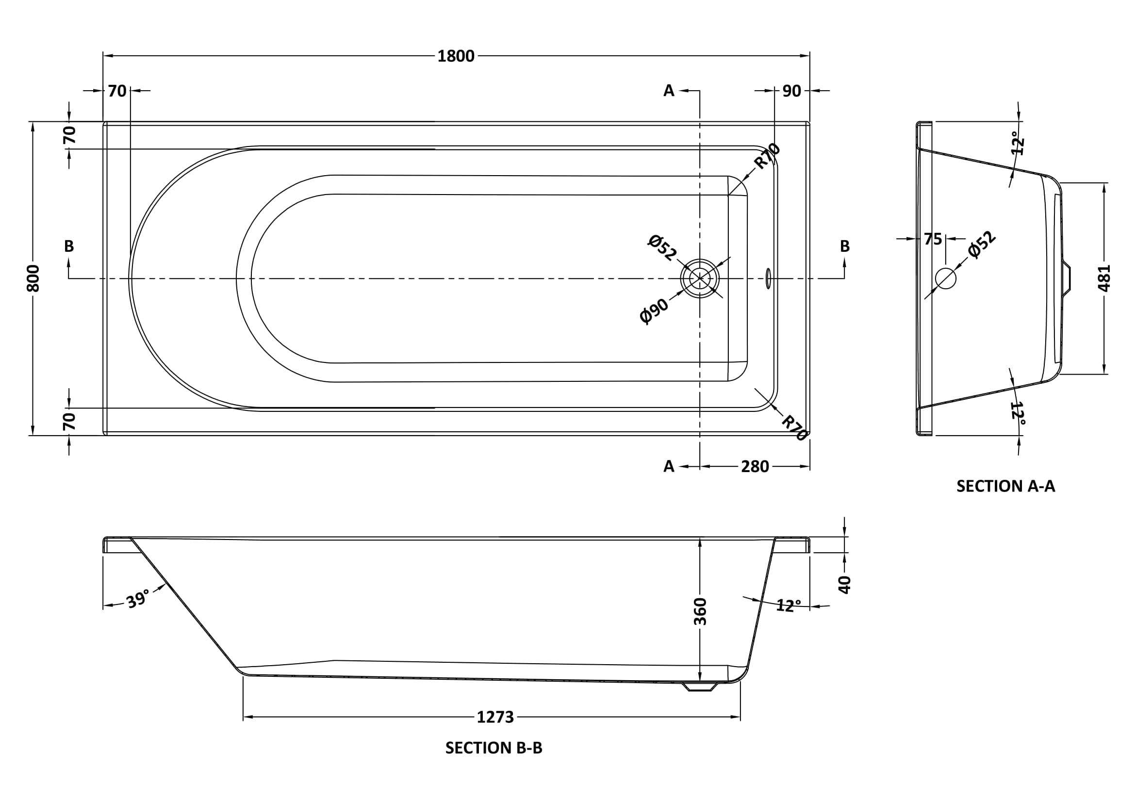 Round 1800mmx800mm Standard Single Ended Bath