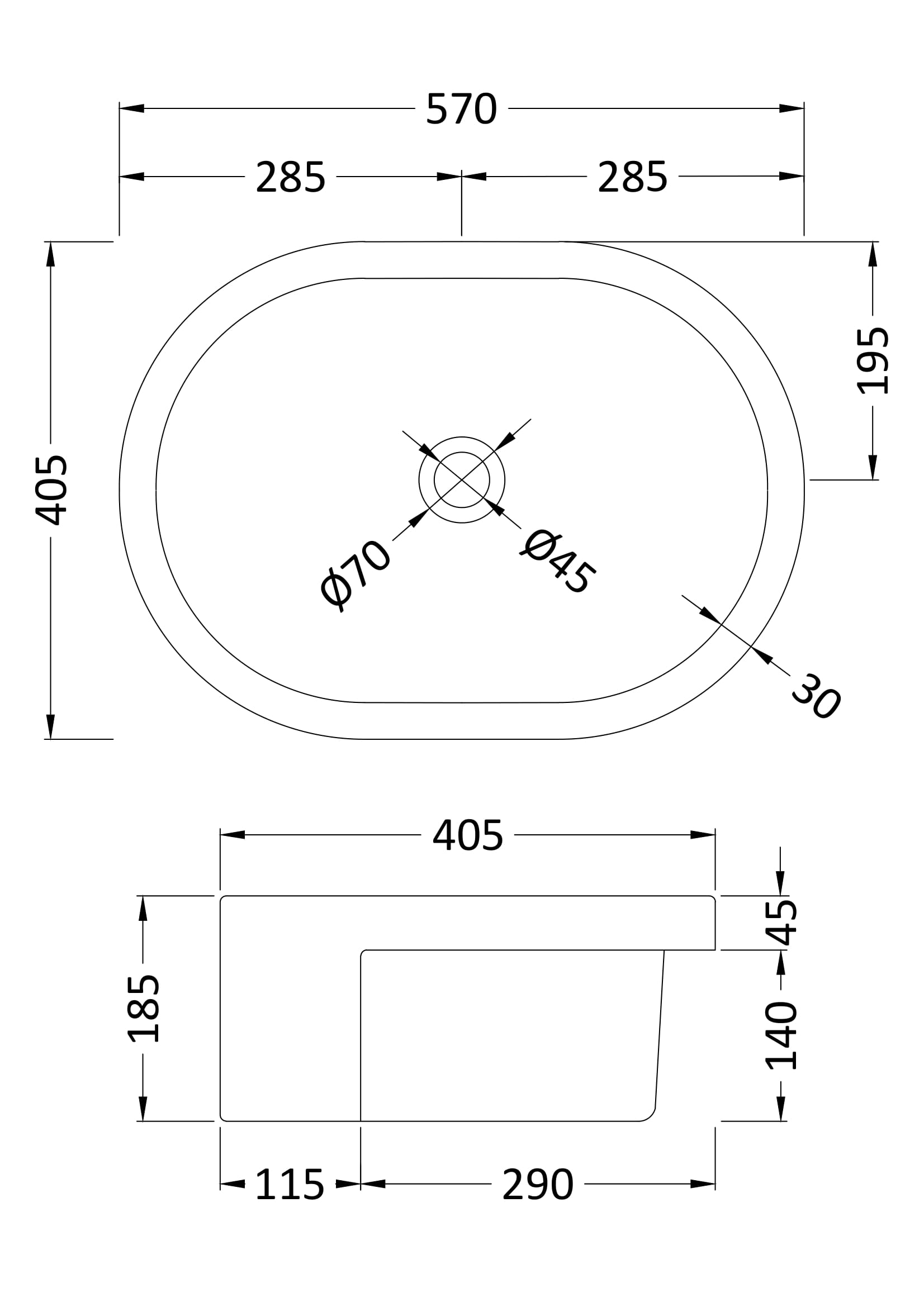 Round Semi-Recessed Basin 560 x 400 x 185mm