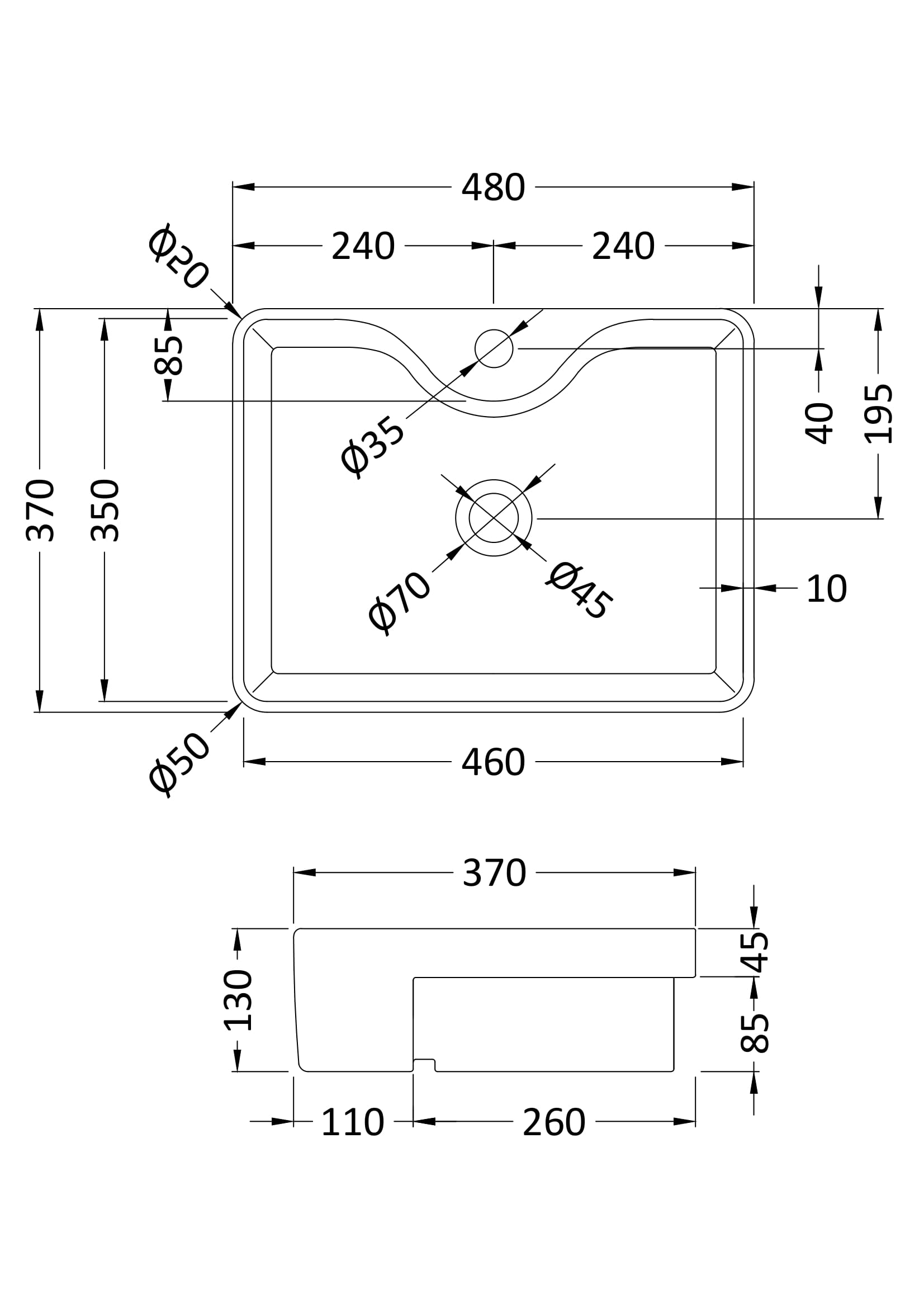 Rectangular Semi-Recessed Basin 480 x 370 x 130mm