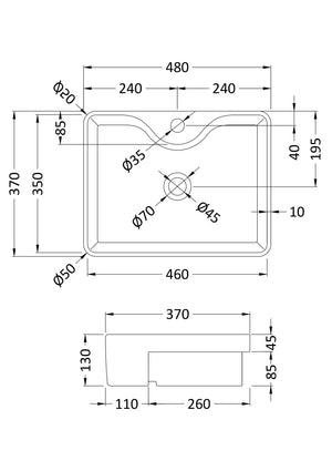 Rectangular Semi-Recessed Basin 480 x 370 x 130mm