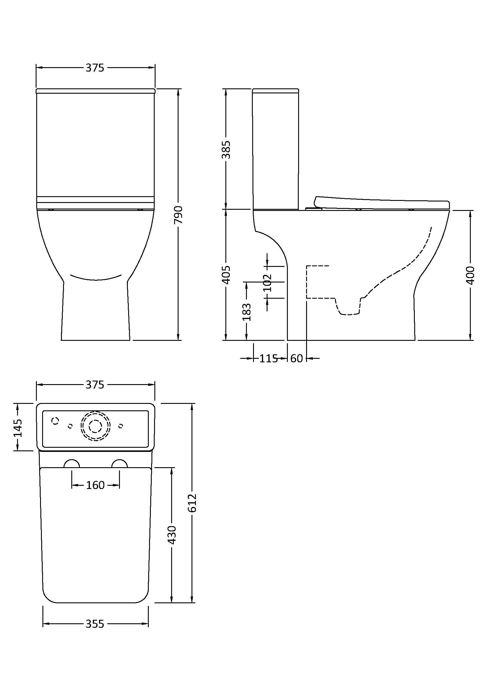 Square Rimless Close Coupled  Pan