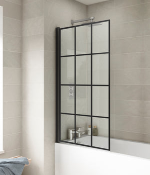 Square Hinged Bath Screen Black Grid