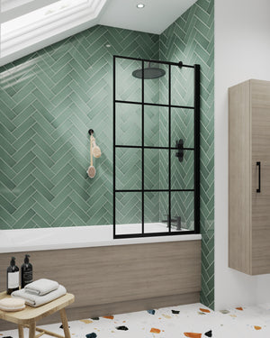 Square Hinged Bath Screen Black Grid