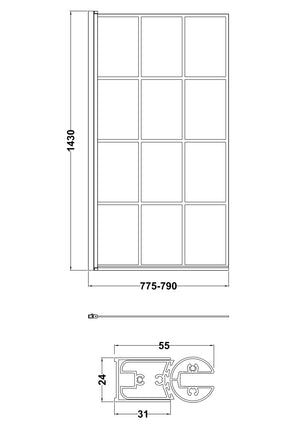 Square Hinged Bath Screen Black Grid