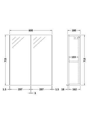 Wall Hung 2 Door Mirror Unit 600mm